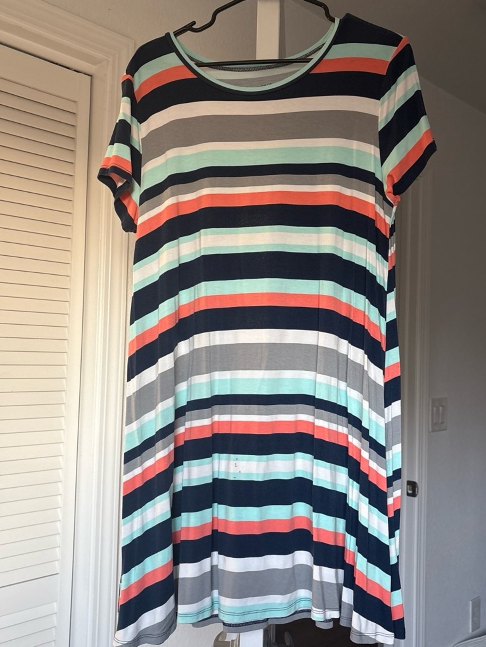 Arizona Jean Company Navy, Coral, Mint & Gray Striped High-Low Dress